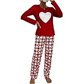RoseSeek Women's 2 Piece Pajama Sets Heart Plaid Graphic T Shirt and Pants Sleepwear Lounge Set