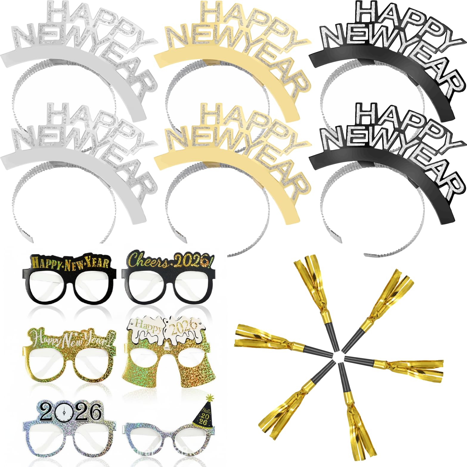 Harrycle 18 Pcs New Year Eve Party Supplies 2026, Happy New Year Party Decorations Accessories Headband Tiara Eyeglasses Prop Fringed Noise Makers Set Funny Eyewear Glitter Hair Tiara
