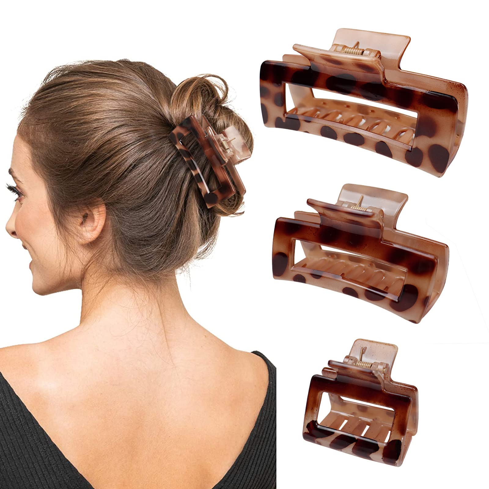 Kavya Hair Clips for Women Thick Thin Curly Straight Long Hair, Non-Slip Square Large Hair Claw Clips, Strong Hold Medium Hair Grippers, Hair Clip Leopard