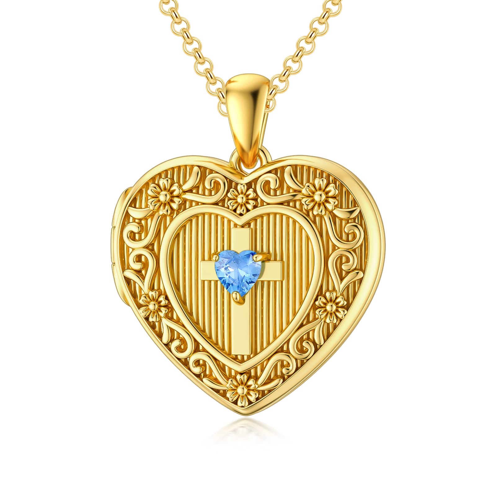 SOULMEET 18K Gold Filled Silver Heart Shaped Cross Locket Necklace That Holds 1 Picture with Aquamarine Crystal, 20" (Locket only)