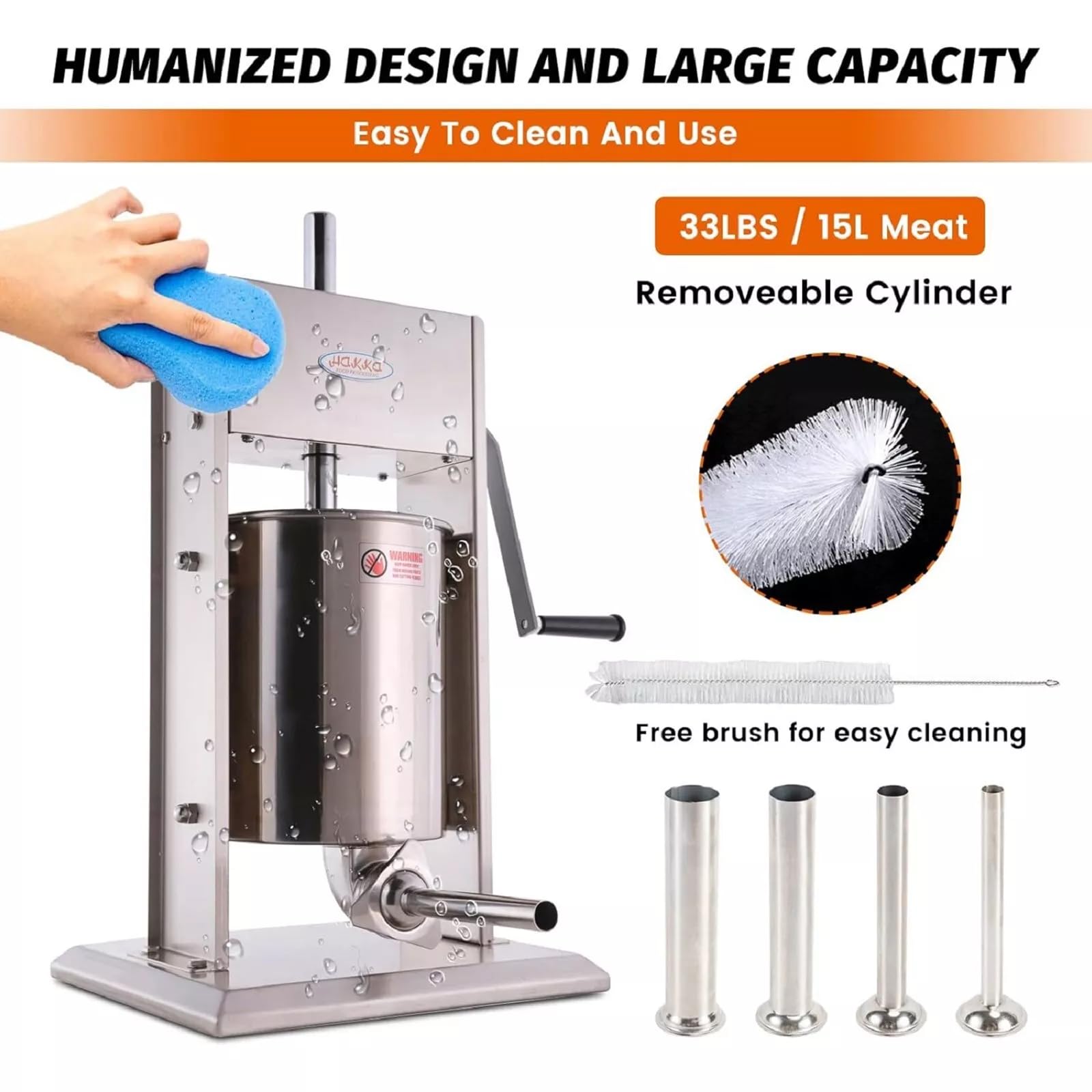 Hakka 15L/32LB Sausage Stuffer, Vertical Sausage Maker and Sausage Filler with 4 Sttuffing Tubes (15L)
