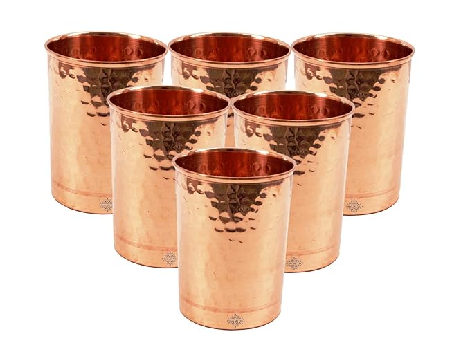 IndianArtVilla Hammered Copper Glass Tumbler, Drinkware & Serveware, Yoga, 280 ML, Set of 6