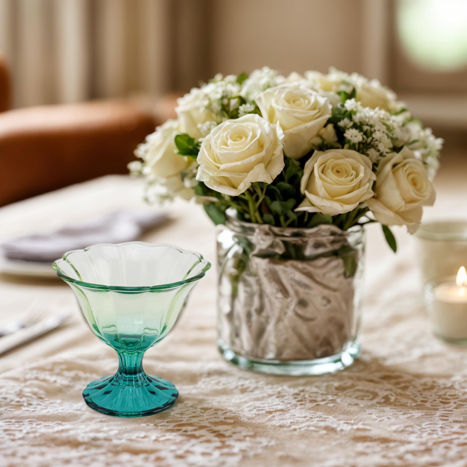 Glass Dessert Bowls 10 Oz Set of 4 Ice Cream Cups Footed Bowl Green Clear Drinking Cup for Sundae, Dessert, Candy, Fruit, Ice Cream, Snack Pudding