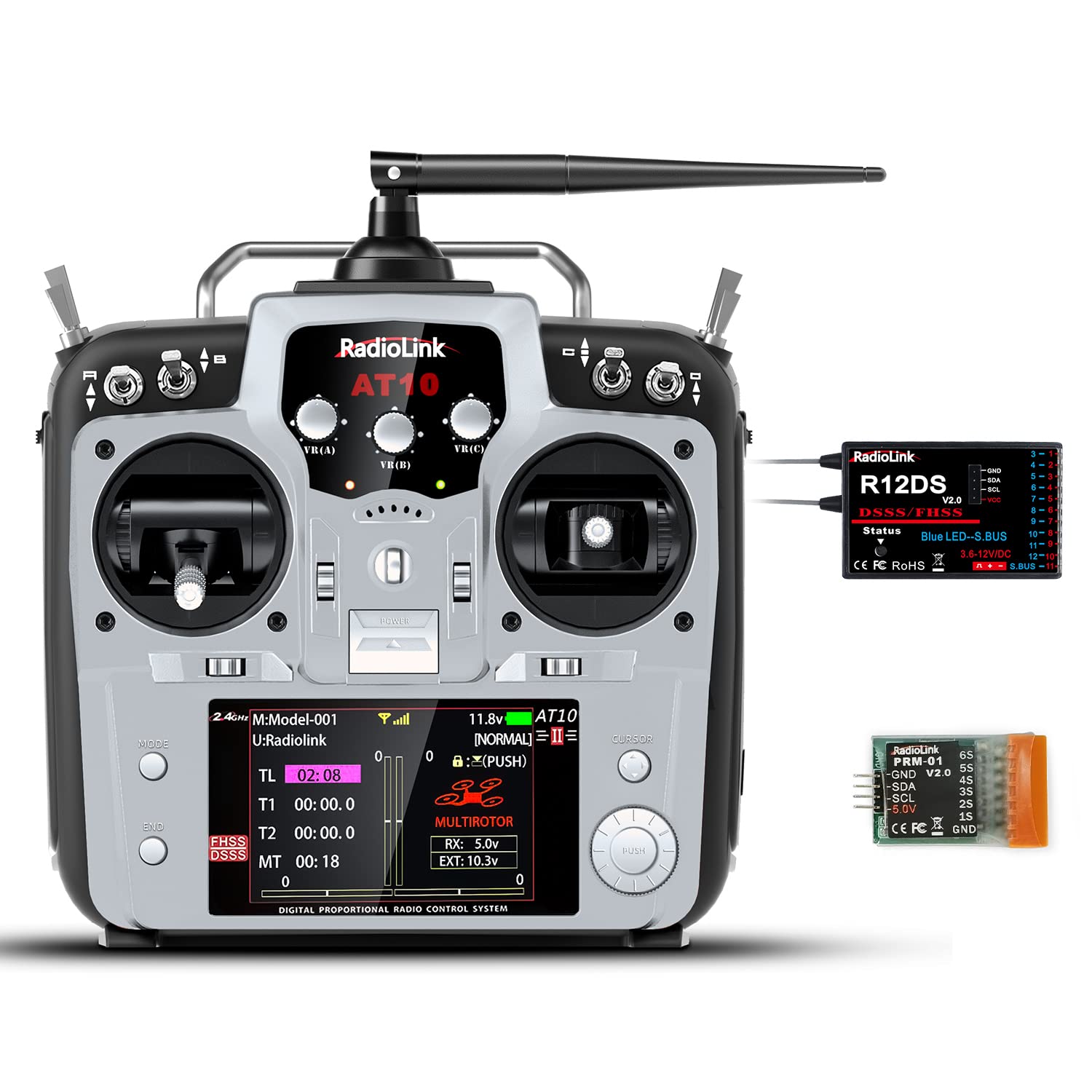 Photo 1 of Radiolink AT10II 12 Channels 2.4G RC Transmitter and Receiver R12DS & PRM-01 Voltage Telemetry Radio Controller for RC Airplane FPV Racing Drone Quad Helicopter Car and Boat (Grey Mode 2 Left Hand)