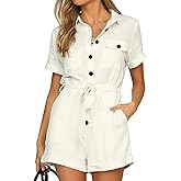 GRAPENT Women's Summer Short Sleeve Button Down Pockets Belted Jumpsuits Rompers