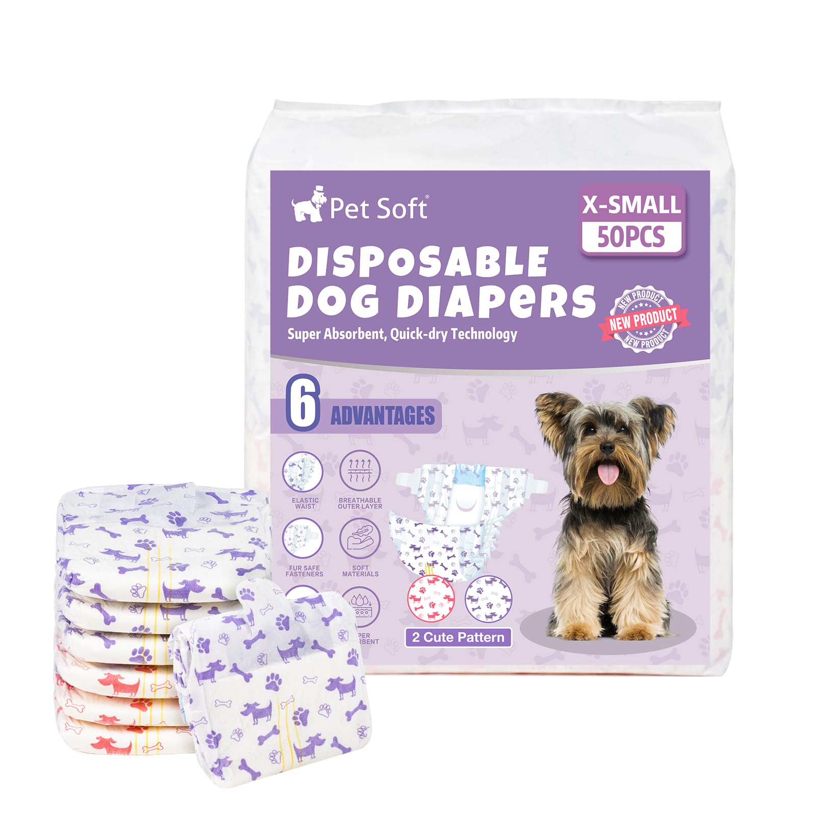 Pet Soft Dog Nappies Female, 50 Count Disposable Dog Period Season Pants, Super Absorbent Disposable Dog Diapers for Female Dogs with Wetness Indicator
