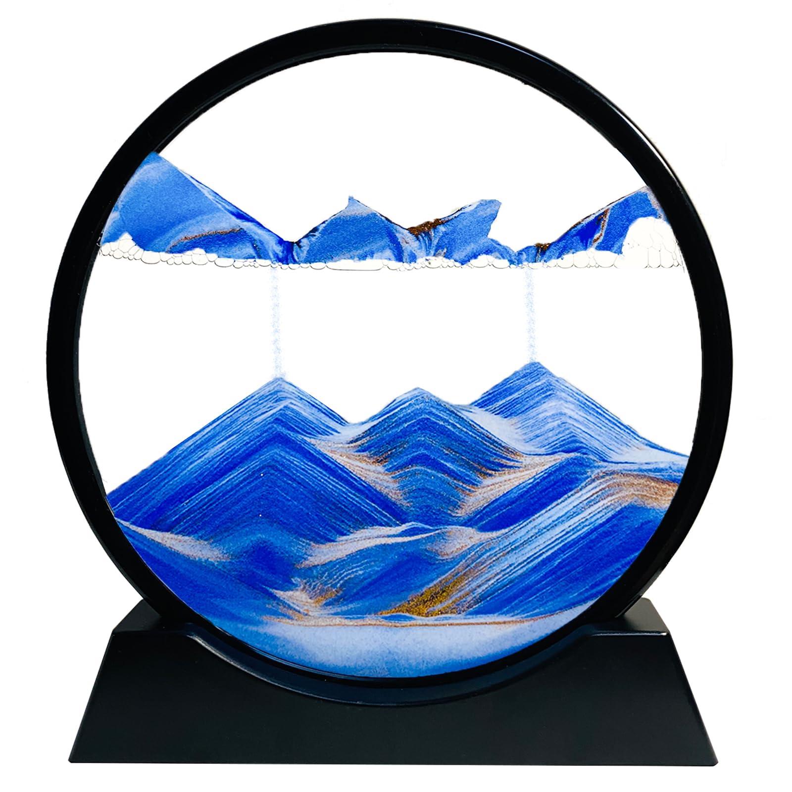 SANDCLE Moving Sand Art Picture in Motion, 3D Deep Sea Sandscape, Round Glass Frame Display Painting, Relaxing Decor for Office Desktop Home (Blue, 12")