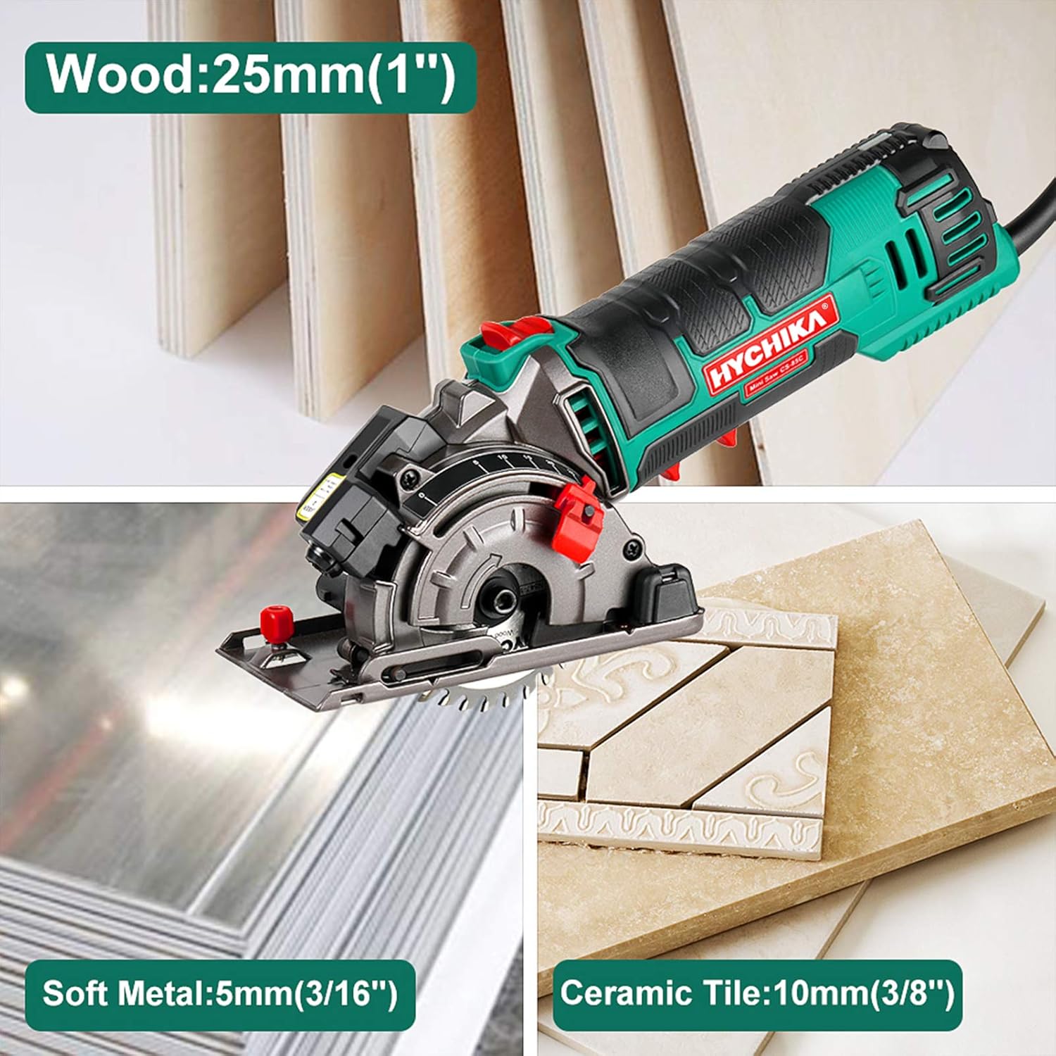 Mini Circular Saw, HYCHIKA Compact Circular Saw Tile Saw with 3 Saw Blades 4A Pure Copper Motor, 3-3/8”4500RPM Ideal for Wood, Soft Metal, Tile and Plastic Cuts, Laser Guide, Scale Ruler - - 