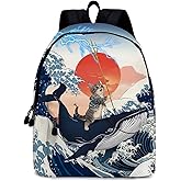 Funny Cat Whale School Backpack for Girls Boys, Cute Cat Riding Whale Backpack for School, Kids Whales Cats Print Bookbag, 16 Inch Animals Theme Laptop Back Pack for School Travel Hiking Camping