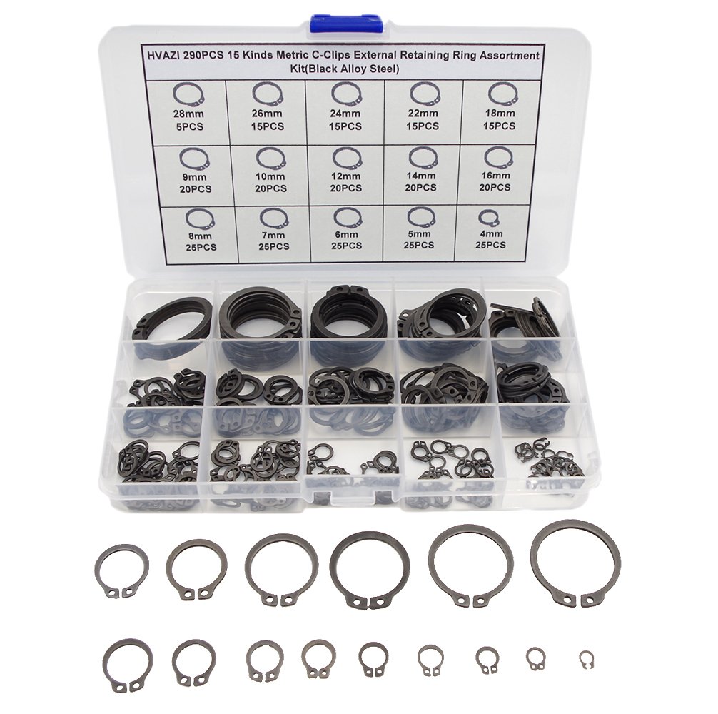 HVAZI 290PCS CClips External Retaining Ring Assortment Kit(Black Alloy