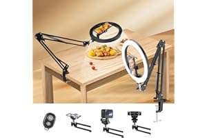 yAyusi Overhead Phone Mount with Ring Light, 10" LED Ring Light Phone Holder for Desk, Flexible Articulating Arm Overhead Camera Mount with Remote for Video Recording, Live Streaming, Cooking