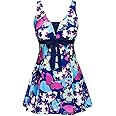 ECUPPER Womens One Piece Swimdress Plus Size Shaping Body Swimsuits Printed Skirt Swimwear with Boyshort