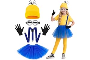 VersaCharm 5Pcs Halloween Costumes for Girls Kids Yellow Beanie Tutu Goggles Gloves Suspenders - Cosplay Party Dress Up Set