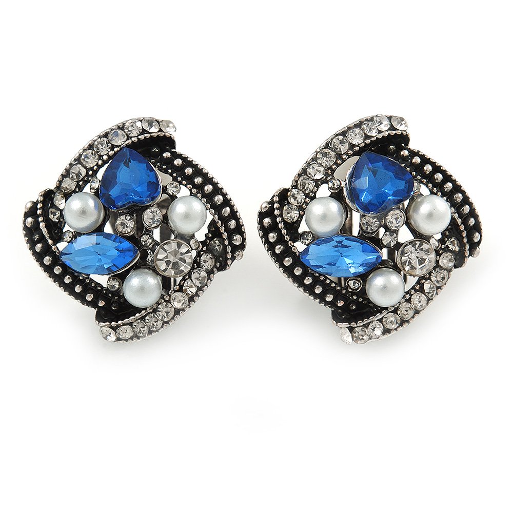 23mm Tall/Marcasite Square Blue/Clear Crystal White Faux Pearl Clip On Earrings In Aged Silver Tone
