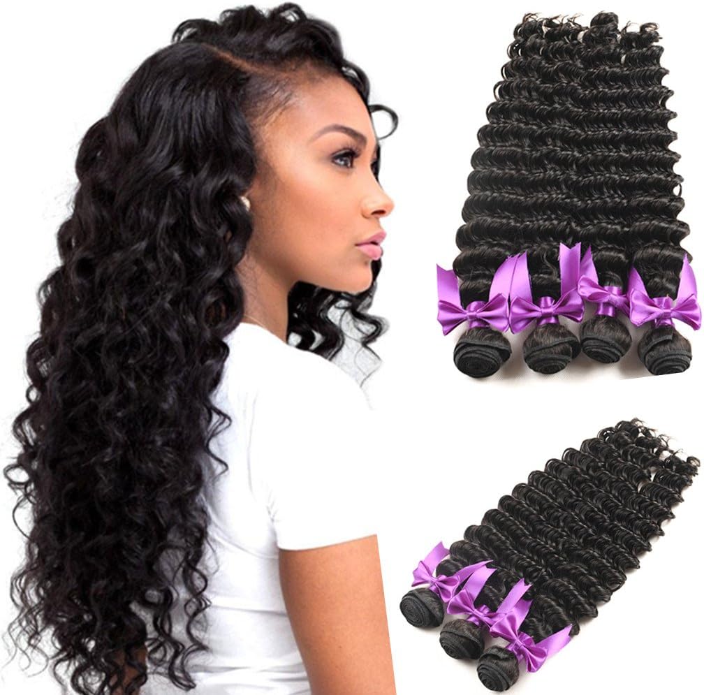 OYM Hair 10A Grade Brazilian Virgin Deep Wave Hair 4Bundles 100% Unprocessed Brazilian Deep Hair Weave Extensions Natural Color Mixed Length18 20 22 24inch
