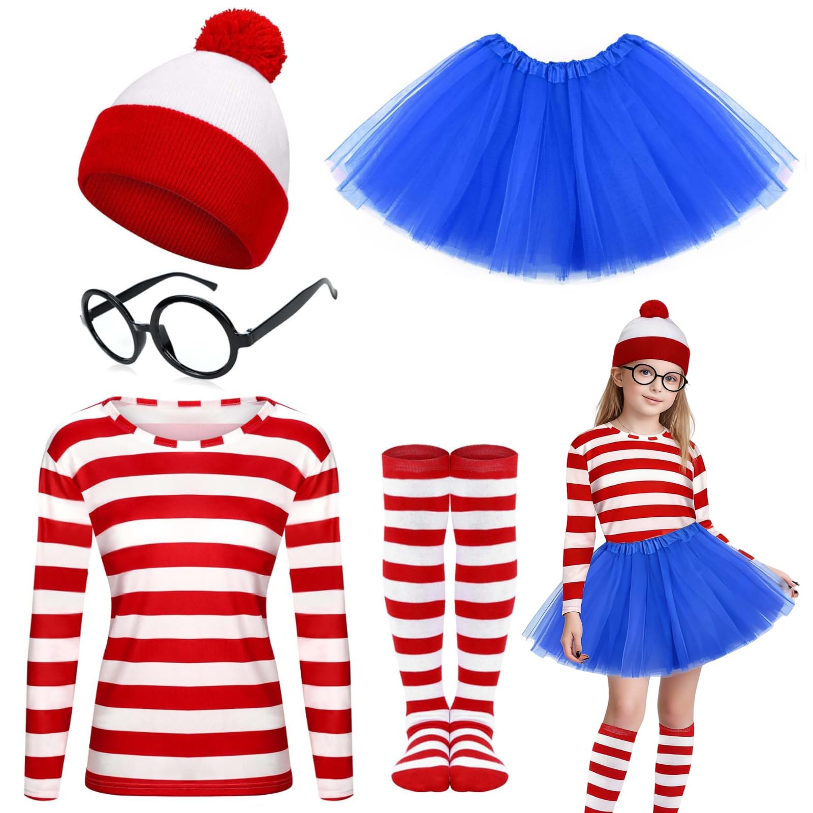 Kavoc 5Pack Red White Striped Costume Set Including Bobble Hat Red White Stripe Top Stockings Blue Tutu Skirt Black Nerd Glasses (S)