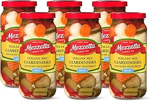 Mezzetta Italian Mix Giardiniera Mild - Crunchy Vegetables: Carrots, Cauliflower, Celery, Pickles, Red Bell Peppers, Onions - Ideal Snack/Dish Enhancer - Chicago Style Flavor - 16 Oz Jar - Pack of 6
