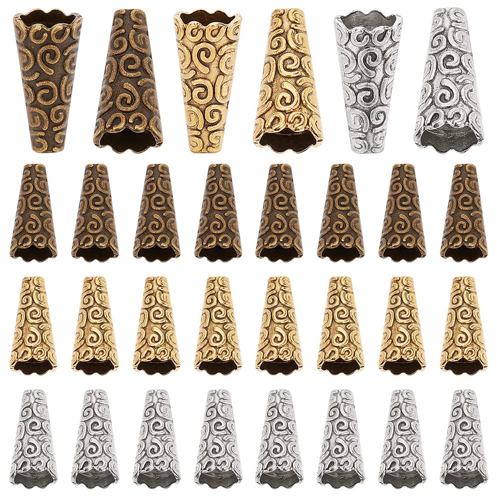 PH PandaHall 90pcs Bead Cone Caps, Metal Beads End Caps Apetalous Spacer Beads Caps Tibetan Style Stopper Bead Terminators Supplies for DIY Earring Bracelet Jewellery Making, Golden/Silver/Bronze