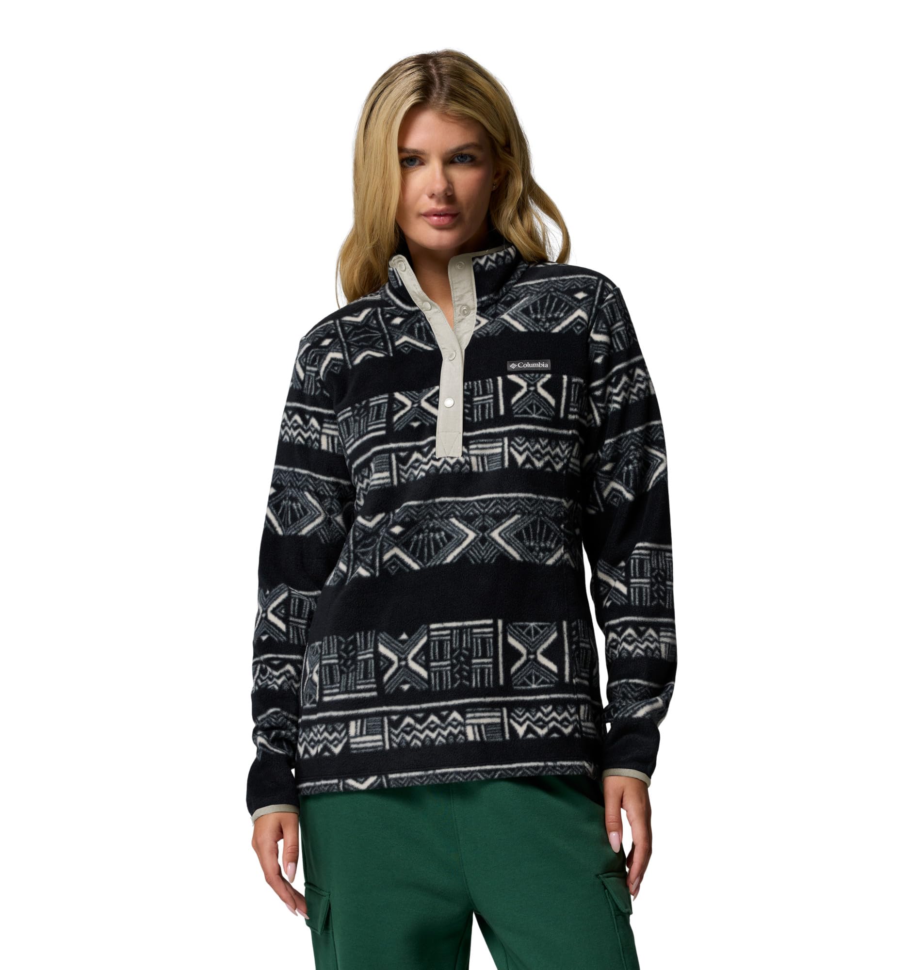 Columbia Womens Benton Springs Printed 1/2 Snap, Black Deschutes Days, Medium