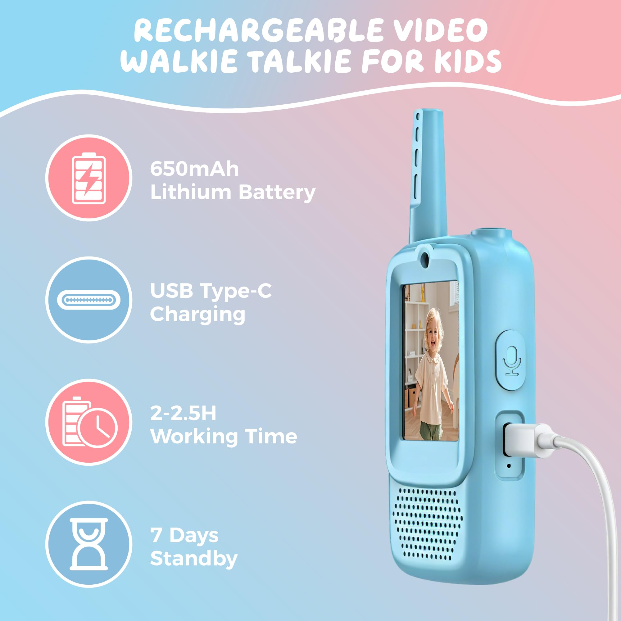 Video Walkie Talkies for Kids, 2 Pack Rechargeable Walkie Talkies with Screen, Long Range 2 Way Radio with 4 Voice Effects, Christmas Birthday Gifts for Age 3-12 Boys Girls Indoor/Outdoor/Camping