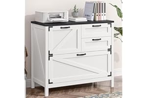 VABCHES 4-Drawer Wood Lateral File Cabinet for Hanging Files Letter/A4/Legal Size, Large Farmhouse File Cabinets for Home Office, Printer Stand with Office Cabinet, White and Black