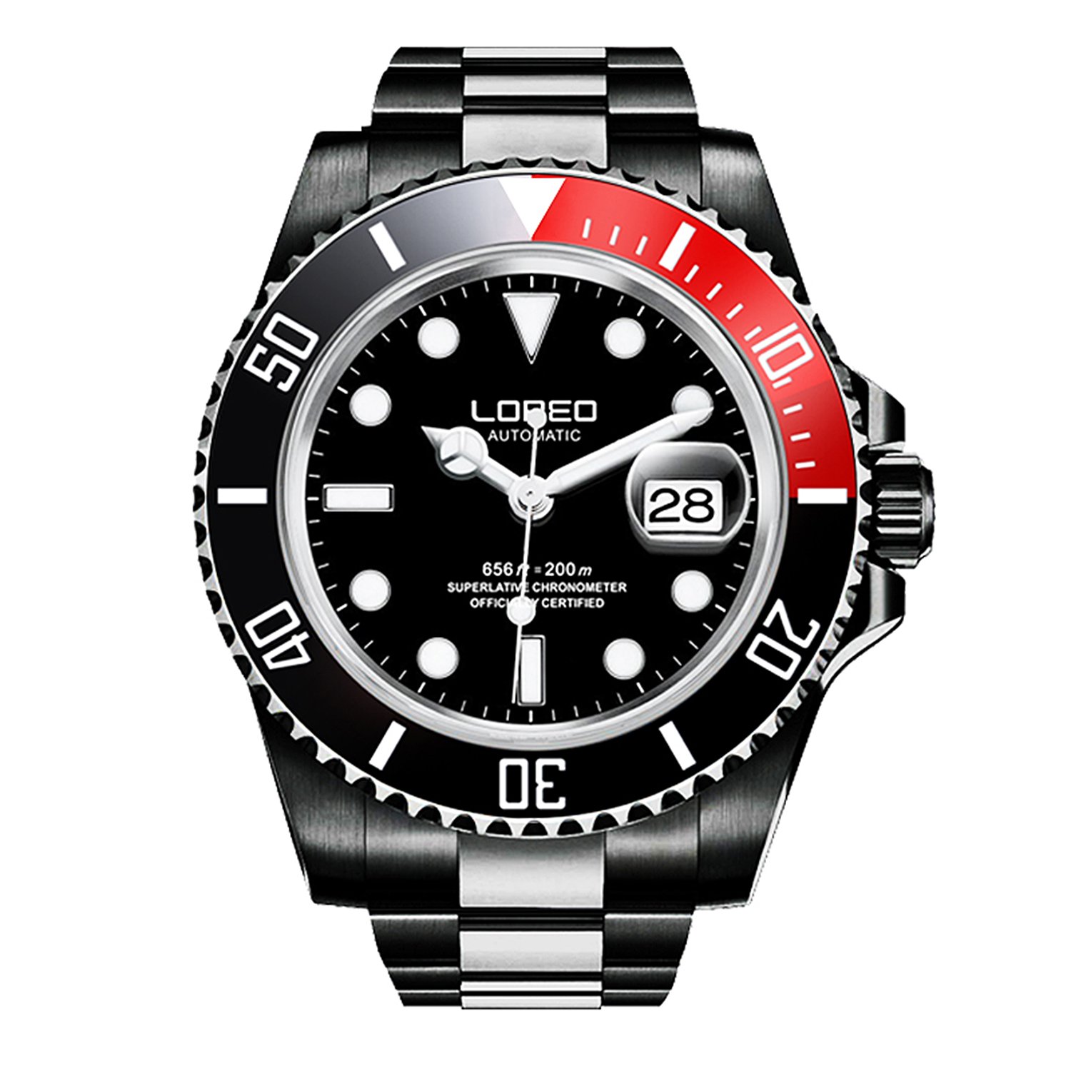 LOREO Mens Full Black Stainless Steel Sapphire Glass Rotating Bezel Military Waterpoof Mens Automatic Watch