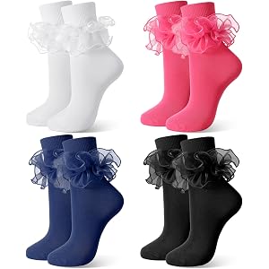 soxitoevy 4 Pairs Women Big Ruffle Socks Double Lace Turn Cuff Socks | Vintage 80s Style, Soft Comfortable Cotton, Frilly Cre