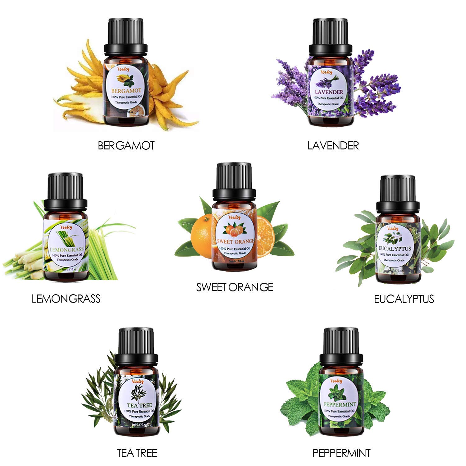 VSADEY Essential Oils Set 100% Pure Aromatherapy Essential Oil Kit for Diffuser, Humidifier, Massage, Skin Care - Lavender, Eucalyptus, Peppermint, Tea Tree, Sweet Orange, Lemongrass (20 x 5ml): Beauty