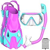 Snorkeling Gear for Kids, Kid Mask Fins Dry Top Snorkel Set, Youth Boys Girls Junior Age 6-14 Swimming Diving Swim Fins, Tempered Glass Panoramic View Travel Packages