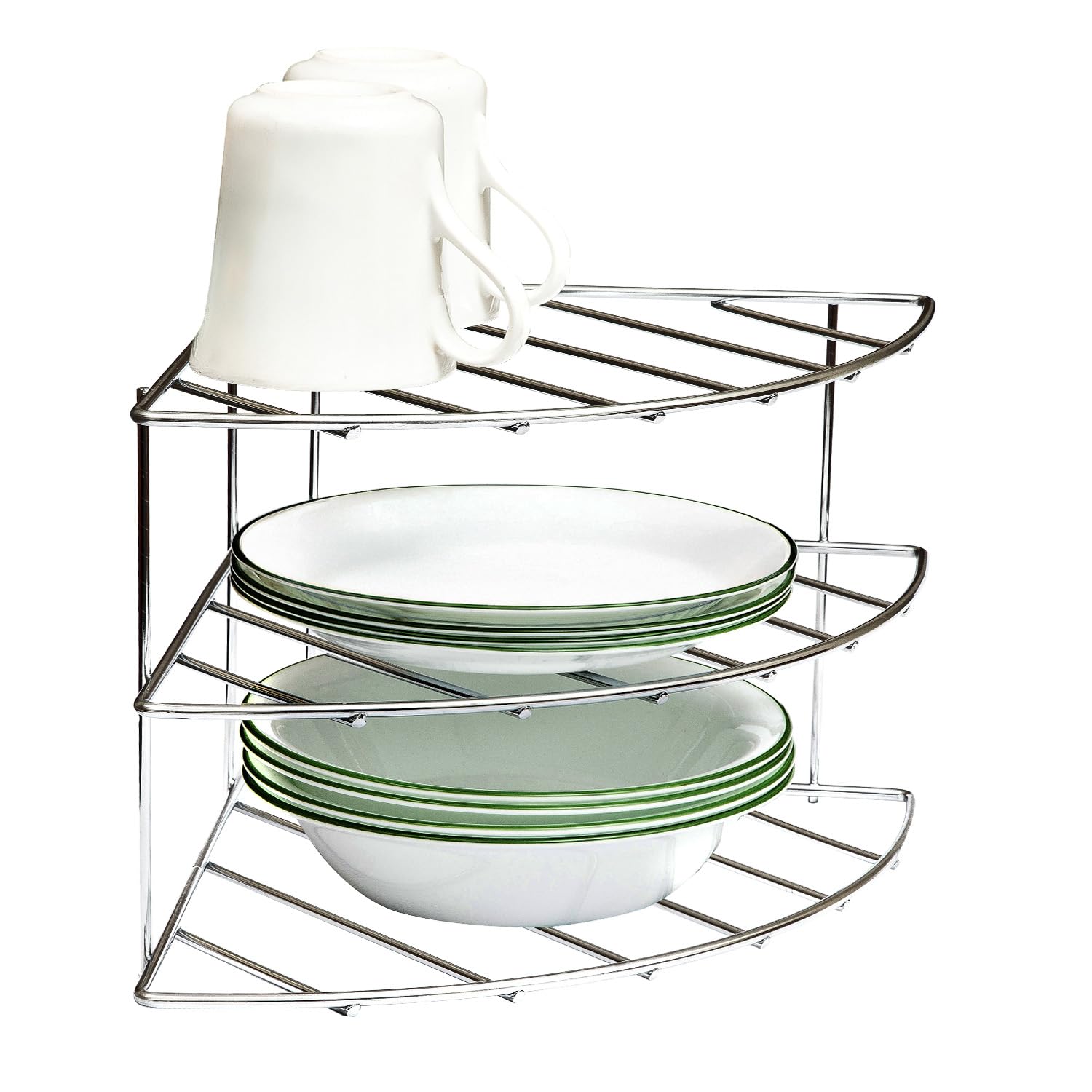 Amtido 3-Tier Plate Rack Kitchen Cupboard Organiser – Chrome Corner Shelf Plate Organiser for Bowls, Mugs, Pans, Dishes – Metal Dish Rack for Pantry, Countertop, Cabinet and Kitchen Shelf