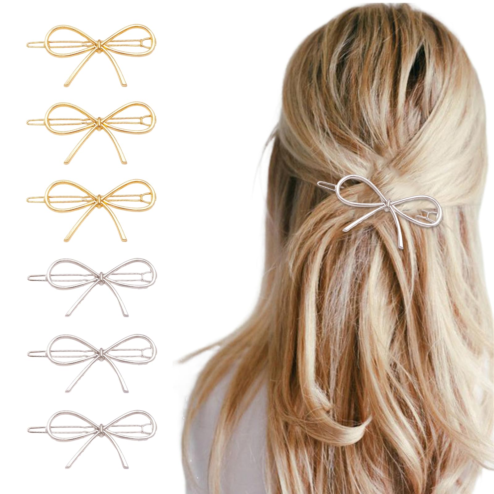Acpetdr 6Pcs Metal Bow Hair Pins Hair Clips for Women Girls - Chic Bows, Rhinestone Hair Clips, Crystal Hair Accessories