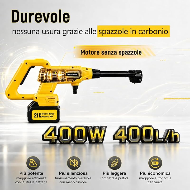 Idropulitrice senza fili, 17 pezzi, 8000 mAh, pressione massima 68 bar, con ugello 6 in 1 e ugello girevole a 180°, idropulitrice portatile per auto, biciclette, giallo limone