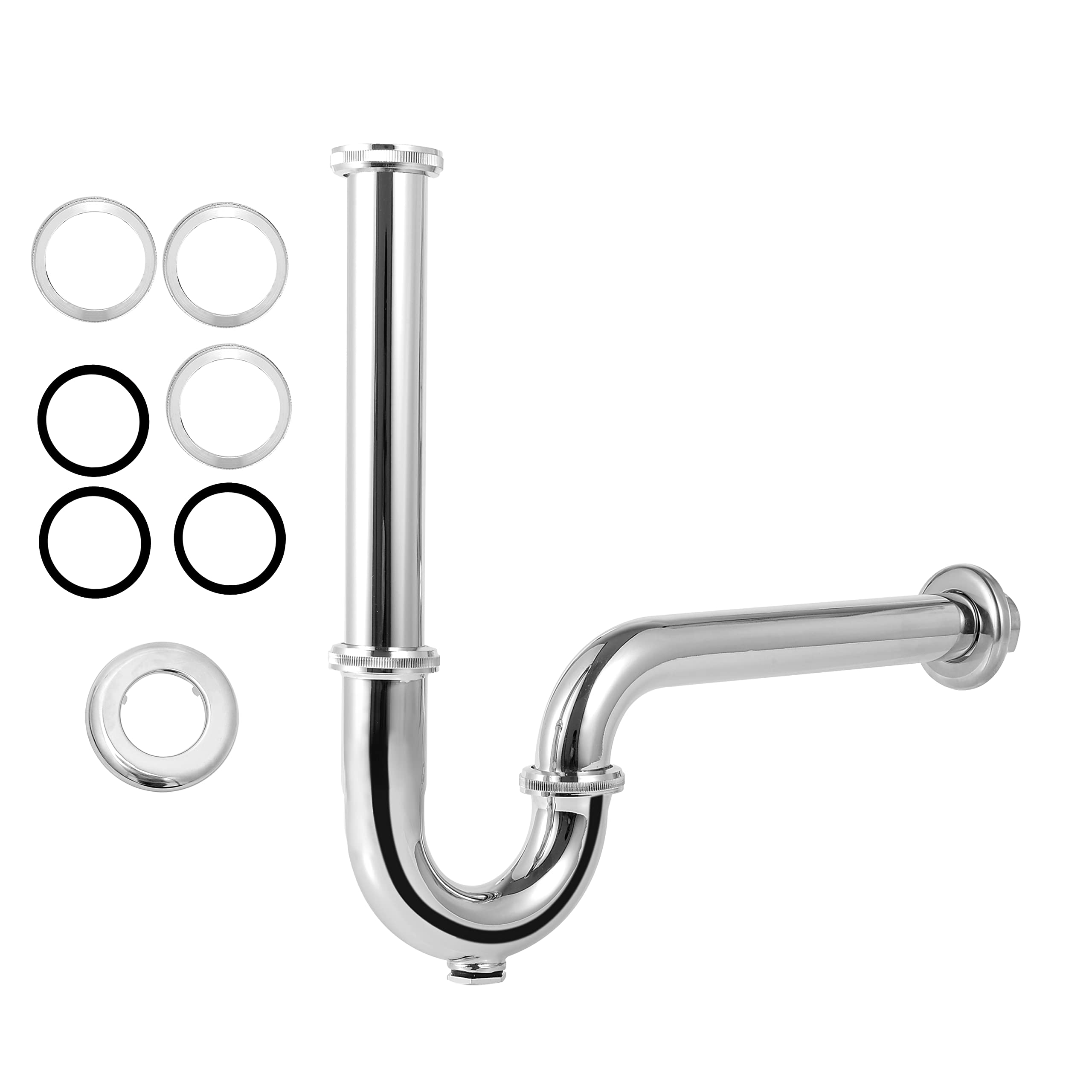 Stainless Steel Universal Pipe Siphon [Extra Long], 1-1/4 Inch x 32 mm Steel P-Shaped Trap with Flange and Cleaning Connection Suitable for Sink, Sink and Waste Pipe