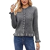 Womens Ruffle Cardigan Sweaters Long Sleeve Button Up Crew Neck Crochet Cute Sweater Fashion Soft Knit Tops