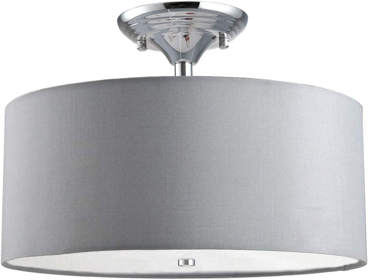 15" 3-Light Modern Semi-Flush Mount Ceiling Pendant Light Fixture with Grey Fabric Drum Shade，Round Ceiling Pendant Drum lamp for Bedroom hallways Kitchen Island