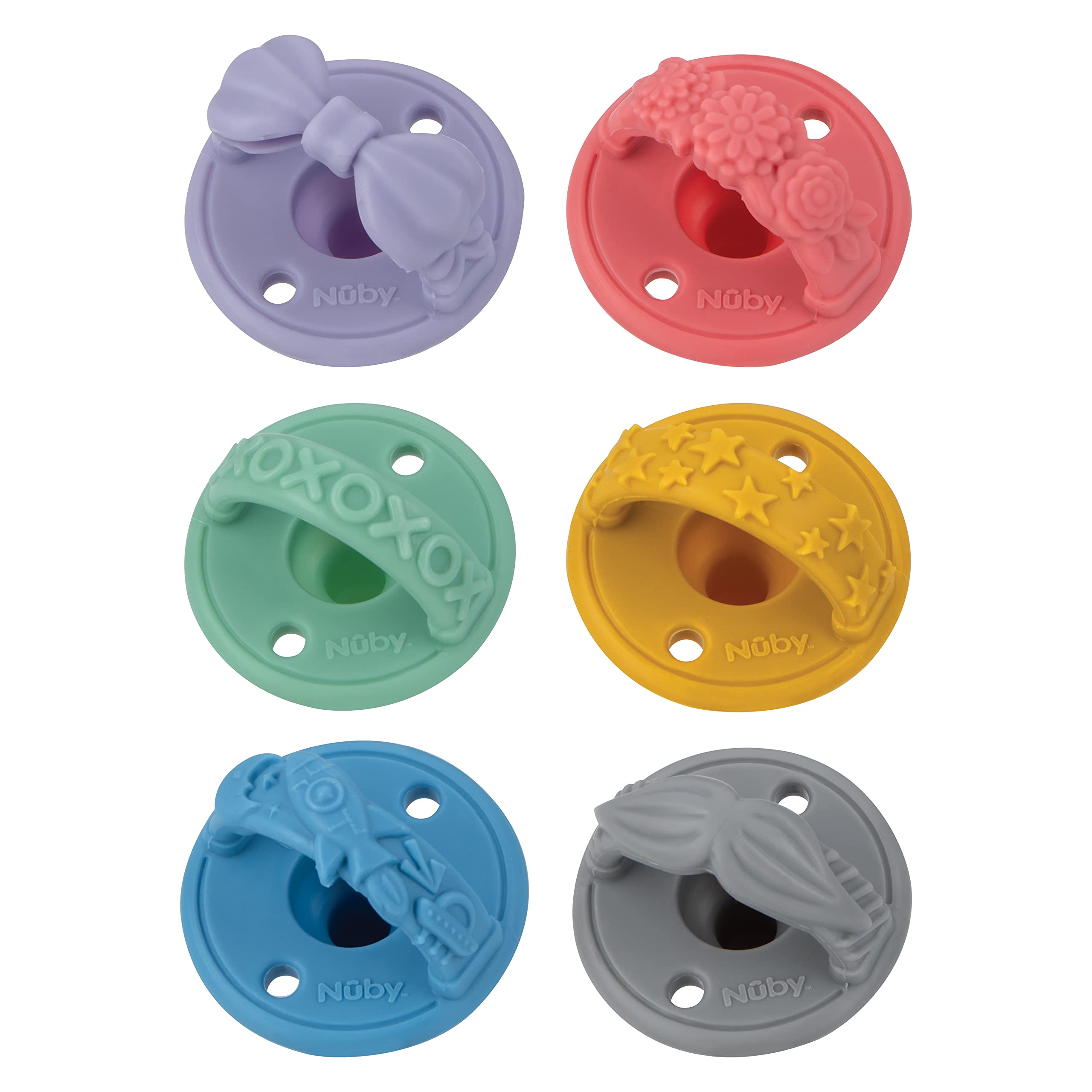 Nuby 3-D Sili Soother Pacifiers with Soft Handle and Two Safety Air Holes, 2 Pack, 0+ Months, Purple Bow and Pink Flowers