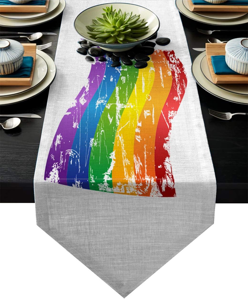Fandim Fly Dining Table Runner 18 x 72 Inch, Flying Rainbow Flag Table Runners for Morden Stylish Wedding Party Holiday Table Setting Decor