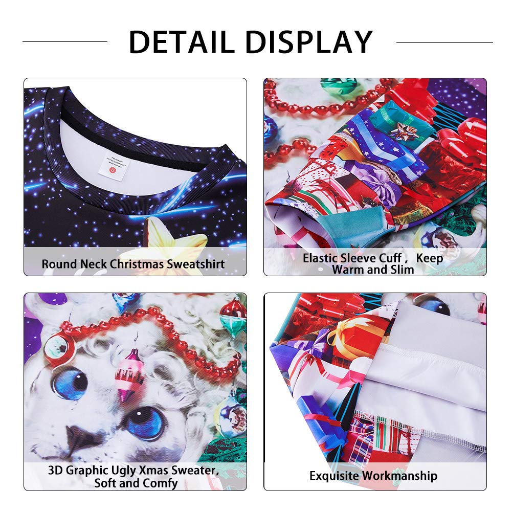 Boys Girls Women Mens Xmas Sweatshirt 3D Amusing Ugliest Cats Printed Sweater Long Sleeve Galaxy Stars Christmas Tree Decoration Pullover Tops for Ugly Sweater Party Office Contest Home Medium