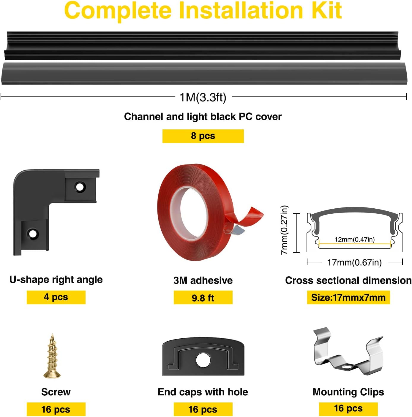 Aluminium Profile For Led Strip Light Extruded Led Aluminum Channel U Shape 8 Pack 1m 3 3ft With Diffuser Cover 3m Adhesive Mounting Clips End Covers Lighting In Stairway Corner Showcase Peba Black Raw Materials Metals