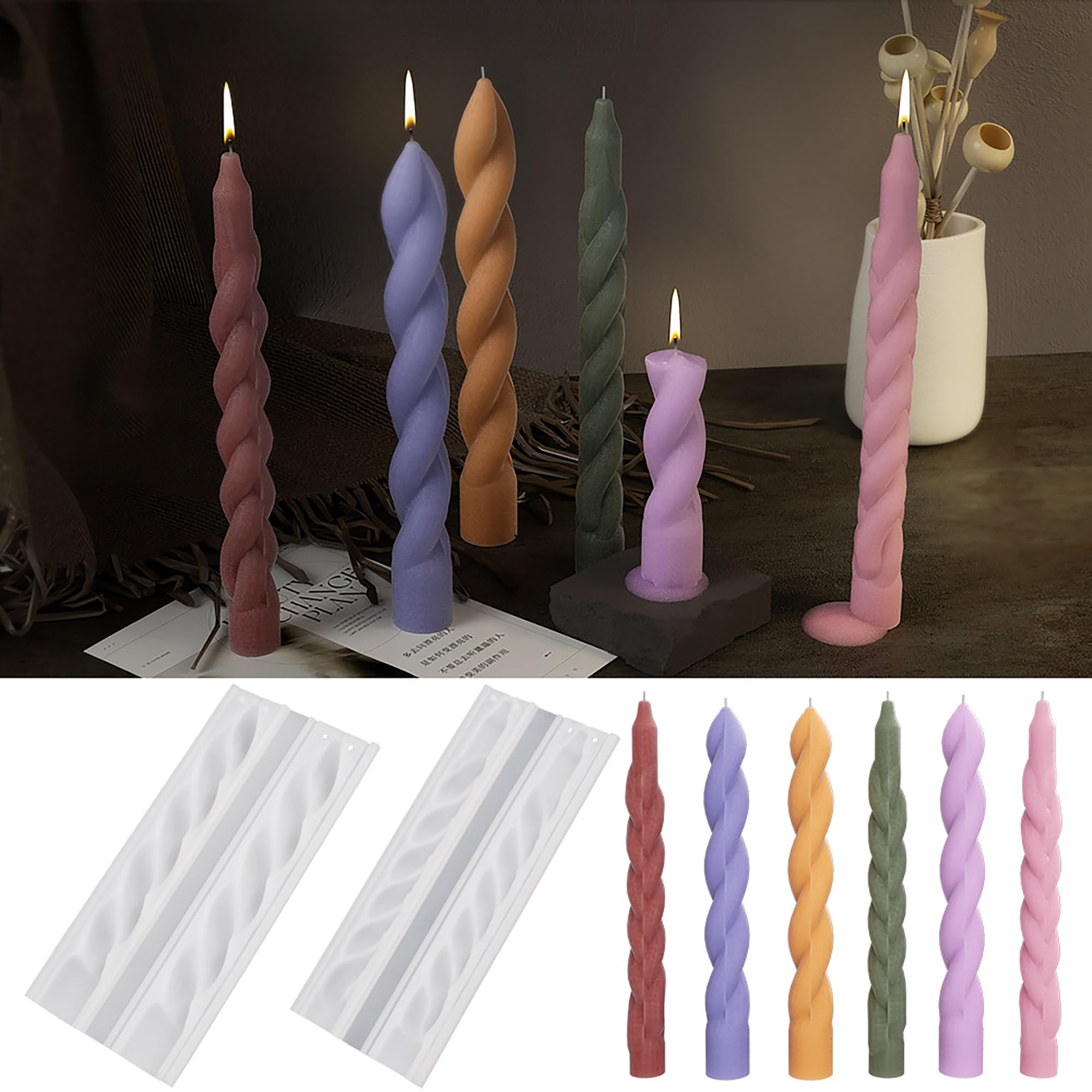 Photo 1 of 2 Pack Stick Candle Wave Pillar Candle & Resin Mold - Resin Casting Silicone Molds for Home Decor & Candle Making Wave Spiral Mold