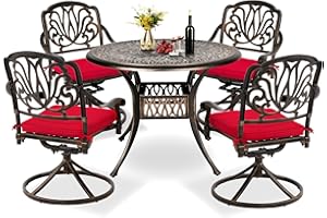 TITIMO 5-Piece Outdoor Patio Dining Set, All-Weather Cast Aluminum Furniture Patio Conversation Set 4 Swivel Chairs and 35.4" Table w/Cushions and Umbrella Hole for Backyard Garden Deck (Red)
