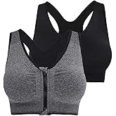 Fapreit Women's Zip Front Closure Sports Bra - Seamless Wirefree Post Surgery Padded Racerback Workout Gym Yoga Bras