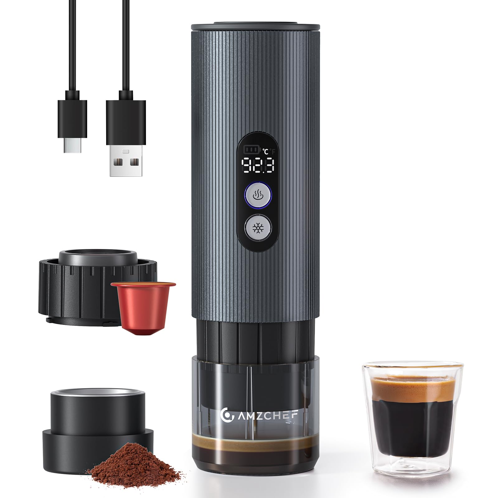 Photo 1 of AMZCHEF Portable Coffee Maker Rechargeable w/ 9000mAh Battery, 2-in-1 Travel Espresso Maker for Ground/NS Capsules, Car Espresso Machine Self-Heating for Camping, RV, Hiking, Office, Aluminum