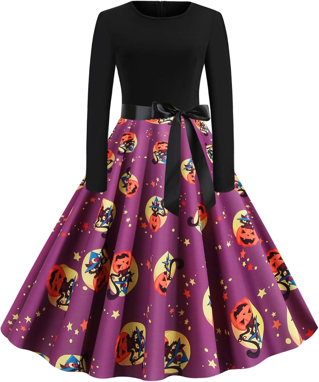 GREFER Cute Halloween Dresses for Women Casual Pumpkin Print Long Sleeve Swing Dresses Vintage 