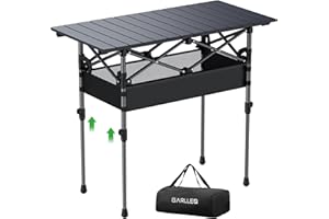 GARLLEN Folding Camping Table Max Capacity 100 lbs, 2-Height Adjustable Roll-up Folding Table with Storage Net, Portable Alum
