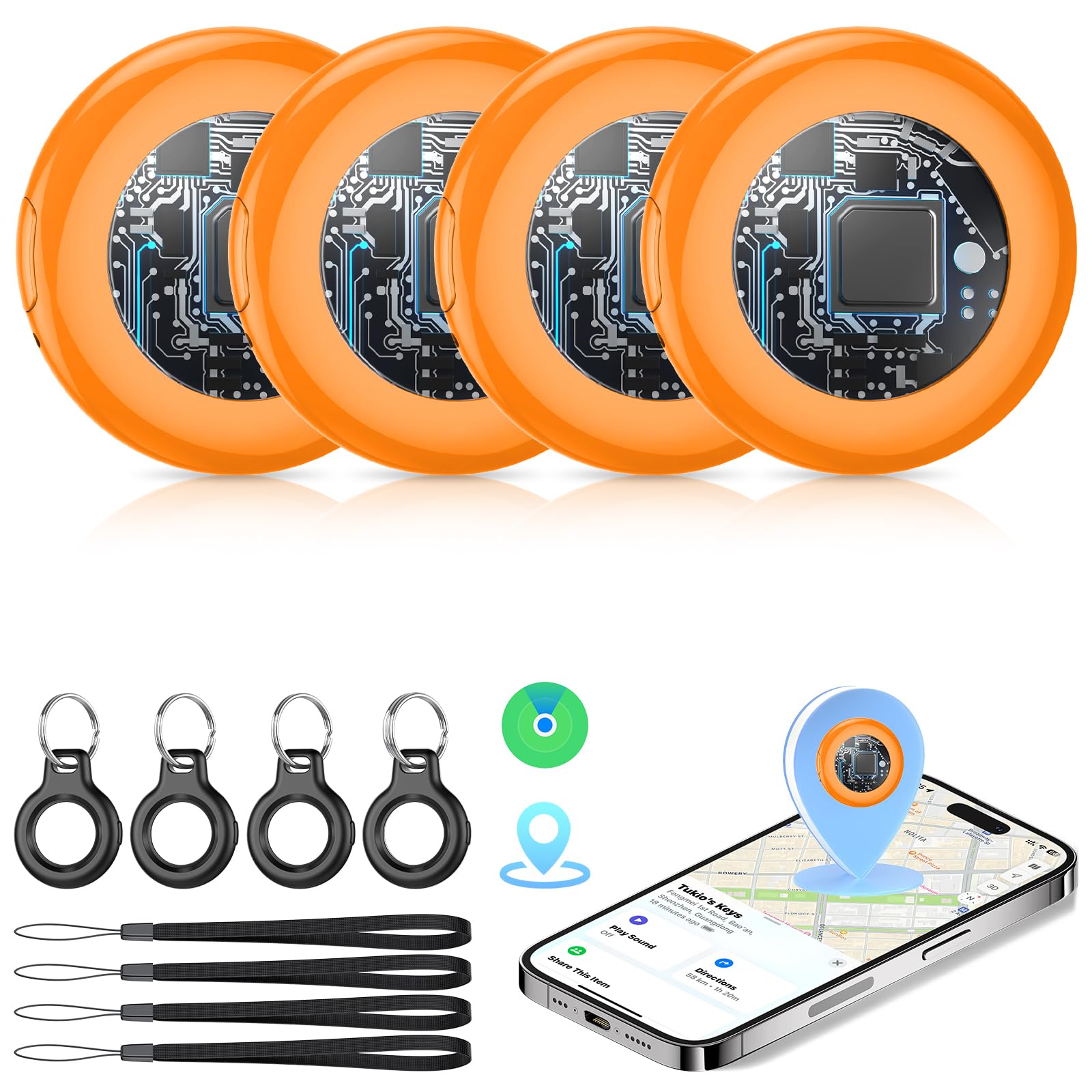 Tukio [Apple MFi Certified] (iOS Only) Tracker Tags-4 Pack, Bluetooth Tracker for Apple Find My, Replaceable Battery, Key Finder and Item Locator Smart Tag for Keys, Bags, Luggage, Pet, Wallet, Orange