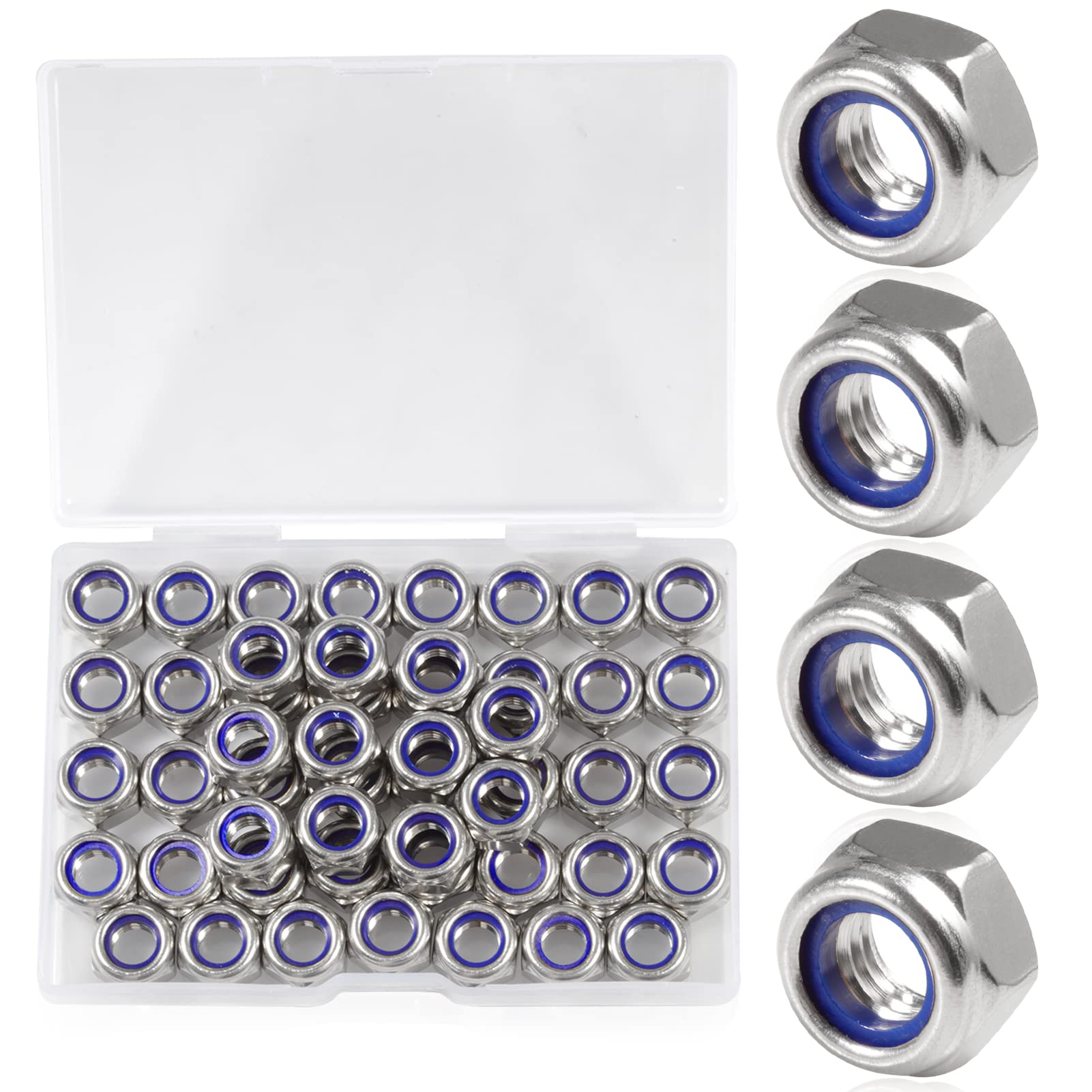 SPEEDWOX 50 PCS M8 x 1.25mm Nylon Insert Nuts Locknuts, Self-locking Nut 304 Stainless Steel, Hexagon Lock Nut with Storage Box for Lock Washers