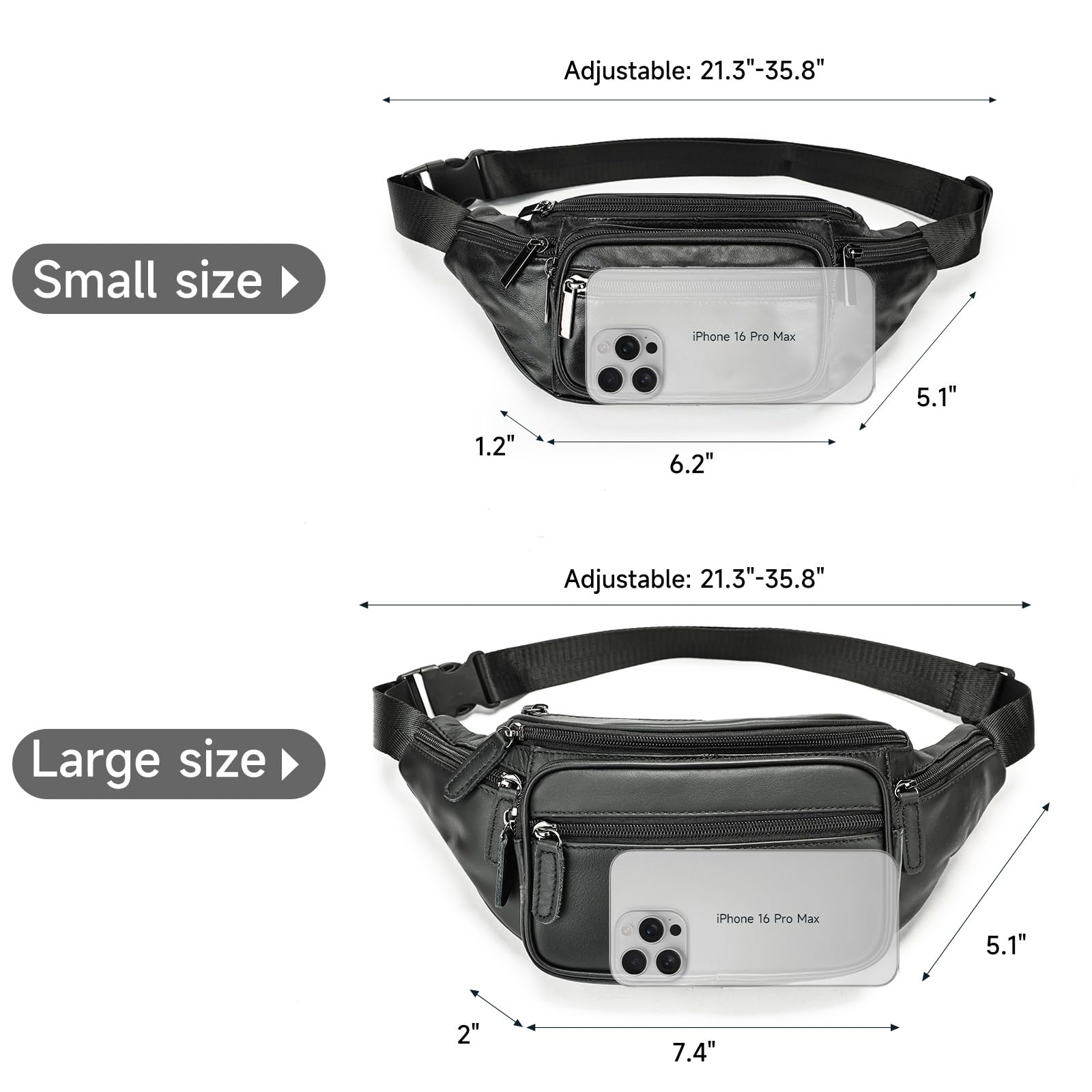 Condition photo showing New/Like New for genuine leather fanny pack men women multi-pockets sling waist bag for travel sports hiking cycling