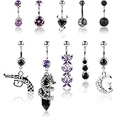 10pcs Belly Button Rings, Stainless Steel Belly Rings Dangling Black Purple Heart Butterfly Moon Dangle Belly Button Rings Barbell Navel Body Piercing Jewelry for Women