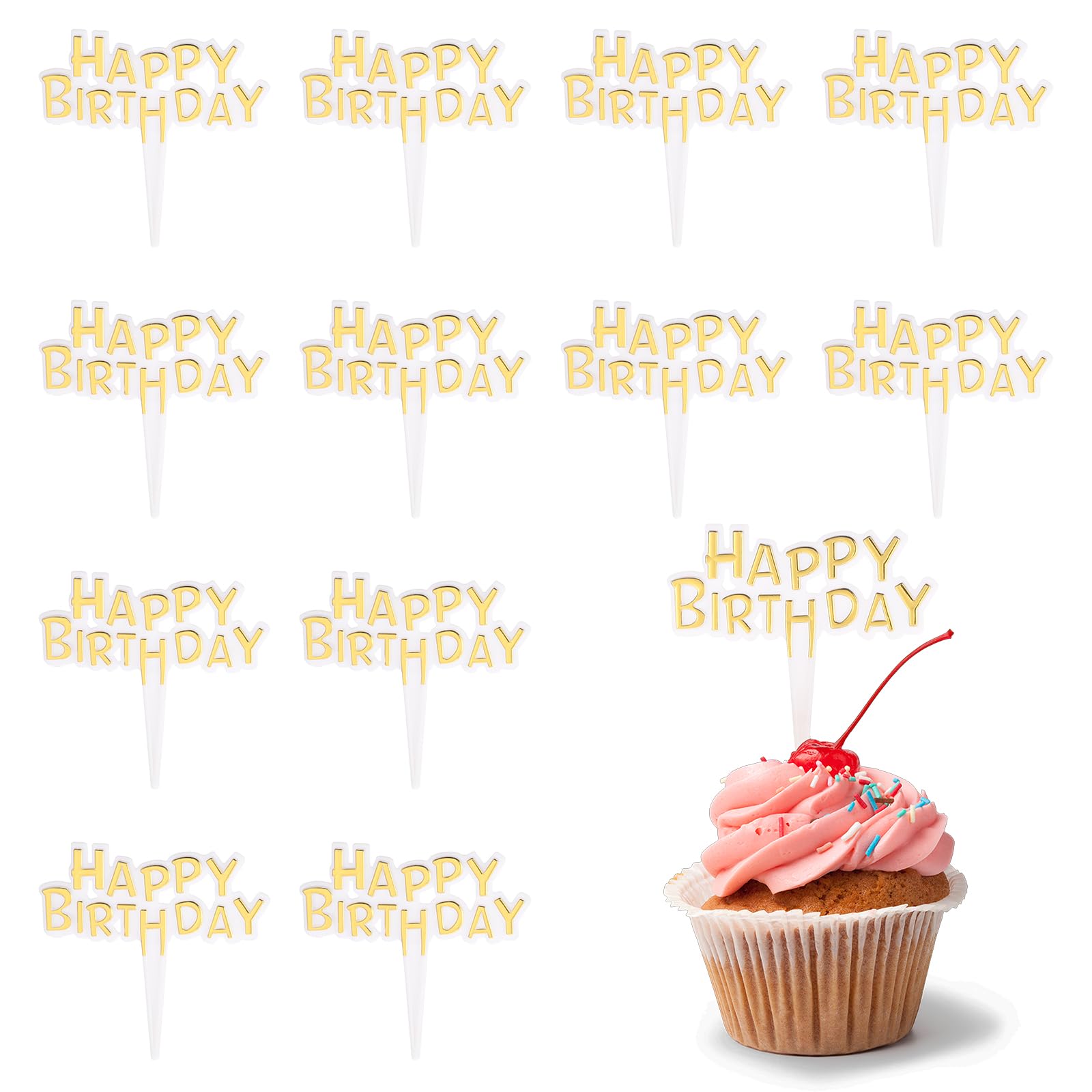 Photo 1 of 100 Pack Birthday Cupcake Toppers, Mini Glitter Birthday Cake Toppers Sticks, Small Cupcake Food Picks for Party Decoration, Celebrating Anniversary Theme Party Supplies, Gold